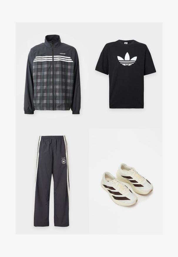 Čierno-sivá károvaná bunda na zips s bielymi pruhmi Adidas a logom na hrudi, elastickými manžetami a stojacím golierom.; Čierne bavlnené tričko s krátkymi rukávmi, na ktorom sa nachádza veľké biele logo Adidas a tri horizontálne pruhy na dolnej časti. Klasický dizajn s kruhovým výstrihom.; Tmavosivé teplákové nohavice s bielymi bočnými pruhmi, elastickým pásom a kruhovým logom s tromi hviezdami na ľavom stehne. Ľahká látka.; Svetlé krémové bežecké tenisky s tmavohnedými diagonálnymi pruhmi, textúrovaný vrch z sieťoviny a polstrovanú podrážku. Obsahujú žltú značku "ADIZERO".