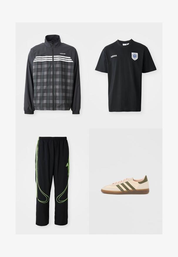 Čierno-sivá károvaná bunda na zips s bielymi pruhmi Adidas a logom na hrudi, elastickými manžetami a stojacím golierom.; Čierne tričko s krátkym rukávom vyrobené z bavlny, s okrúhlym výstrihom. Obsahuje biele logo Adidas a nášivku s modrým emblémom na ľavej hrudi.; Čierne atletické nohavice Adidas s neonovo zelenými zakrivenými líniami a tromi pruhmi po stranách, elastickým pásom a logom Adidas na prednom stehne.; Nízky béžový tenisky Adidas Spezial so zelenými pruhmi, gumovou podrážkou a nápisom „SPEZIAL“ na boku, zobrazené z vonkajšej strany.
