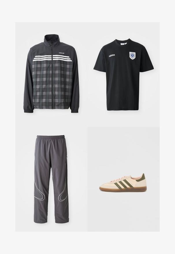 Čierno-sivá károvaná bunda na zips s bielymi pruhmi Adidas a logom na hrudi, elastickými manžetami a stojacím golierom.; Čierne tričko s krátkym rukávom vyrobené z bavlny, s okrúhlym výstrihom. Obsahuje biele logo Adidas a nášivku s modrým emblémom na ľavej hrudi.; Pánske šedé športové nohavice s elastickým pásom, zipsovými vreckami a reflexnými bielymi akcentmi po stranách. Ľahký, hladký povrch.; Nízky béžový tenisky Adidas Spezial so zelenými pruhmi, gumovou podrážkou a nápisom „SPEZIAL“ na boku, zobrazené z vonkajšej strany.
