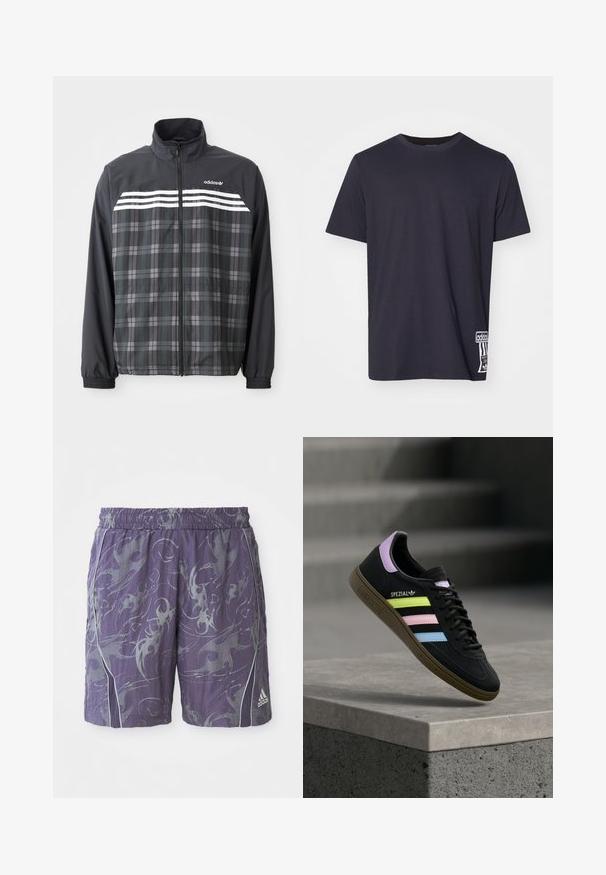 Schwarze und graue kariert Reißverschlussjacke mit weißen Adidas-Streifen und Logo auf der Brust, elastischen Bündchen und Stehkragen.; Schwarzes Baumwoll-T-Shirt mit Rundhalsausschnitt, kurzen Ärmeln und einem weißen Logopatch an der unteren Seite. Glatte Textur, normale Passform.; Lila Sportshorts mit abstrakten silbernen Mustern, elastischem Bund, seitlichen Paspeln und Adidas-Logo am unteren rechten Bein.; Schwarzer Adidas Spezial Sneaker mit pastellgelben, pinken und blauen Streifen, lavendelfarbenem Fersenlaschen und brauner Sohle, schwebend über einer Betonkante.