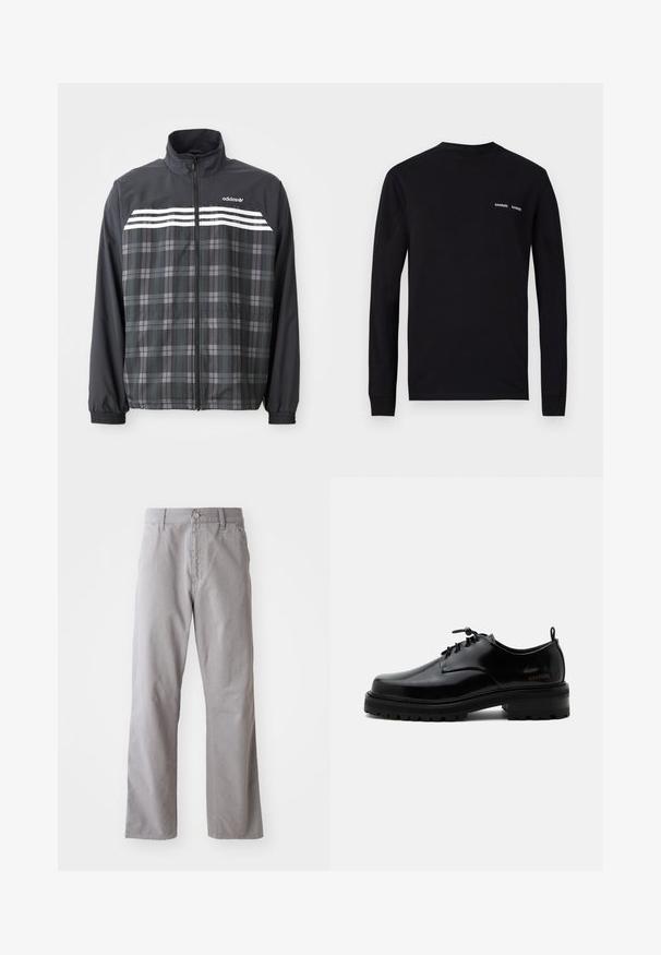 Čierno-sivá károvaná bunda na zips s bielymi pruhmi Adidas a logom na hrudi, elastickými manžetami a stojacím golierom.; Čierne tričko s dlhým rukávom vyrobené z bavlny, s okrúhlym výstrihom a dvoma bielymi potlačami loga "SAMSØE" na ľavej hrudi.; Šedé bavlnené nohavice s rovnými nohavicami, s predným zapínaním na gombík a pútkami na opasok. Hladká textúra a minimálne detaily.; Čierna leštená kožená šnurovacia obuv s hrubou gumovou podrážkou a nízkym podpätkom, bočný nápis značky "SAMSOE" a zadné ťahadlo.