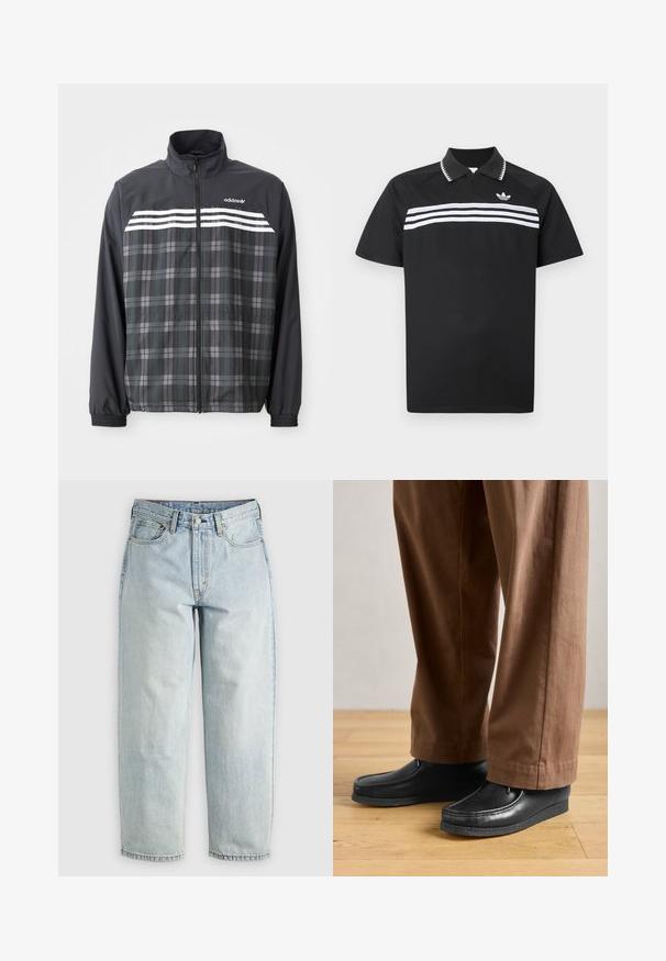 Čierno-sivá károvaná bunda na zips s bielymi pruhmi Adidas a logom na hrudi, elastickými manžetami a stojacím golierom.; Čierne polokošeľa so zipsovým golierom, s tromi bielymi horizontálnymi pruhmi cez hruď a malým logom na ľavej hornej strane.; Svetlomodré džínsy s rovnými nohavicami, piatimi vreckami a zapínaním na gombíky; majú vyblednuté miesta a jemné švy.; Čierne kožené topánky s mokasínovým dizajnom a šitím, v kombinácii s hnedými nohavicami, na drevenej podlahe.
