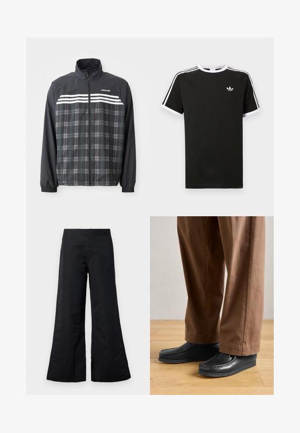 Čierno-sivá károvaná bunda na zips s bielymi pruhmi Adidas a logom na hrudi, elastickými manžetami a stojacím golierom.; Čierne tričko vyrobené z bavlny s bielymi akcentmi. Má krátke rukávy, raglánový strih a malé logo na hrudi. Tri biele pruhy na pleciach.; Čierne nohavice s širokými nohavicami vyrobené z hladkej tkaniny, s prednými skladmi a pásom. Čistý dizajn bez viditeľných vzorov alebo akcentov.; Čierne kožené topánky s mokasínovým dizajnom a šitím, v kombinácii s hnedými nohavicami, na drevenej podlahe.