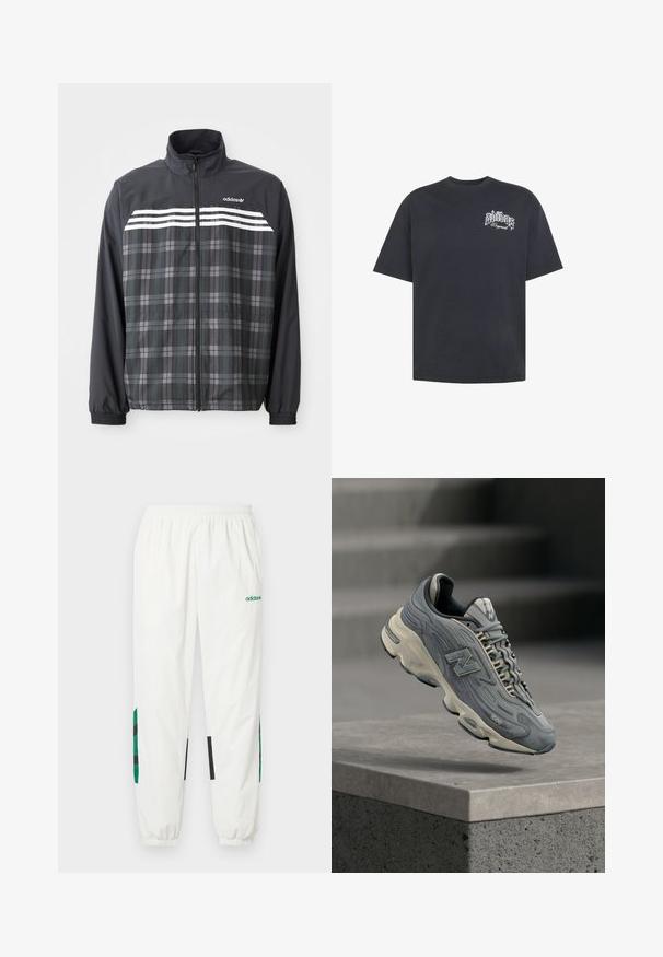 Schwarze und graue kariert Reißverschlussjacke mit weißen Adidas-Streifen und Logo auf der Brust, elastischen Bündchen und Stehkragen.; Schwarzes T-Shirt mit kurzen Ärmeln und weißem stilisiertem „adidas Originals“-Logo auf der linken Brust, Rundhalsausschnitt und lockerem Sitz.; Weiße Sporthose aus leichtem Material, mit grünen und schwarzen Akzenten an den Seiten, einem elastischen Bund und Bündchen.; Grauer New Balance 1000 Sneaker mit cremefarbener Sohle, Schnürsenkeln und Markenzeichen, der über einer Betonablage schwebt, mit verschwommenen Treppen im Hintergrund.