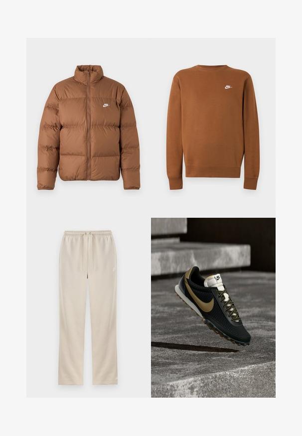 Brun oppustet jakke med høj krave, fuld frontlynlås og hvidt Nike-logo på venstre bryst, præsenteret på en enkel hvid baggrund.; Brun langærmet Nike sweatshirt med rund halsudskæring og lille hvidt logo på venstre bryst, vist på en ensartet lys grå baggrund.; Beige Nike joggingbukser med elastisk talje, snøre, lige ben og lille hvid swoosh-logo på venstre lår.; Sort og guld Nike løbesko med tekstureret overdel og mønstret snøre, der svæver over ru betongulv og trin.