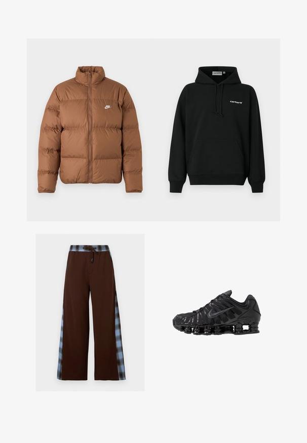 Brun oppustet jakke med høj krave, fuld frontlynlås og hvidt Nike-logo på venstre bryst, præsenteret på en enkel hvid baggrund.; Sort hættetrøje med frontlomme, snor til justering af hætte og et diskret hvidt logo på brystet. Fremstillet af blødt stof med ribstrikkede ærmeafslutninger.; Brune bukser med vide ben med blå og sort ternet sidestriber og snoretræk i taljen.; Sorte atletikskoser lavet af mesh og syntetiske materialer, med et karakteristisk bølget design, sort gummisål og reflekterende detaljer.