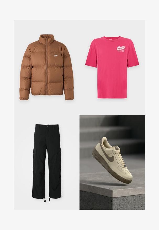 Brun oppustet jakke med høj krave, fuld frontlynlås og hvidt Nike-logo på venstre bryst, præsenteret på en enkel hvid baggrund.; Pink bomulds-T-shirt med korte ærmer og rund halsudskæring. Har hvid tekst på forsiden med ordene "the shady pine motel PORTLAND, OREGON".; Sorte cargo bukser lavet af slidstærkt stof, med to sidelommer, en knaplukning og justerbare nederste kanter for en løs og afslappet pasform.; Beige og brun Nike Air Force 1 sneaker med snørebånd, svævende over en betonoverflade med trapper i baggrunden.