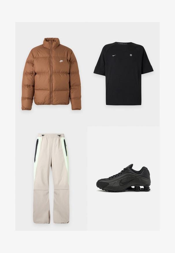 Braune Pufferjacke mit hohem Kragen, durchgehendem Reißverschluss und weißem Nike-Logo auf der linken Brust, präsentiert auf weißem Hintergrund.; Schwarzes Nike-Sportshirt mit kurzen Ärmeln, weißem Swoosh-Logo auf der linken Brust und kleinem quadratischem Emblem auf der rechten Brust, einfarbiger Hintergrund.; Beige Hose mit hellgrünen Seitenteilen, schwarzen Reißverschlusstaschen am Oberschenkel und elastischem Bund mit schwarzen Kordeln.; Schwarze Laufschuhe mit einem glatten synthetischen Obermaterial, durchbrochenen Akzenten, strukturierten Seitenpaneelen und einer ausgeprägten federnden Sohle.