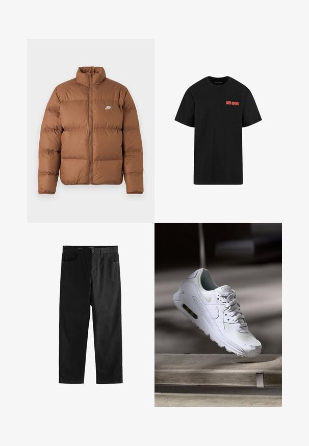 Brun oppustet jakke med høj krave, fuld frontlynlås og hvidt Nike-logo på venstre bryst, præsenteret på en enkel hvid baggrund.; Sort bomulds T-shirt med korte ærmer og rund halsudskæring. Har teksten "DAYS BEFORE" i rød på venstre brystområde.; Sorte jeans med lige ben, forlommer, bæltestropper, knaplukning og synlige sømme langs taljebåndet og sømmene.; Hvide Nike Air Max 90 sneakers med en overdel i mesh og læder, perforeret tåboks og en synlig luftenhed i hælen.