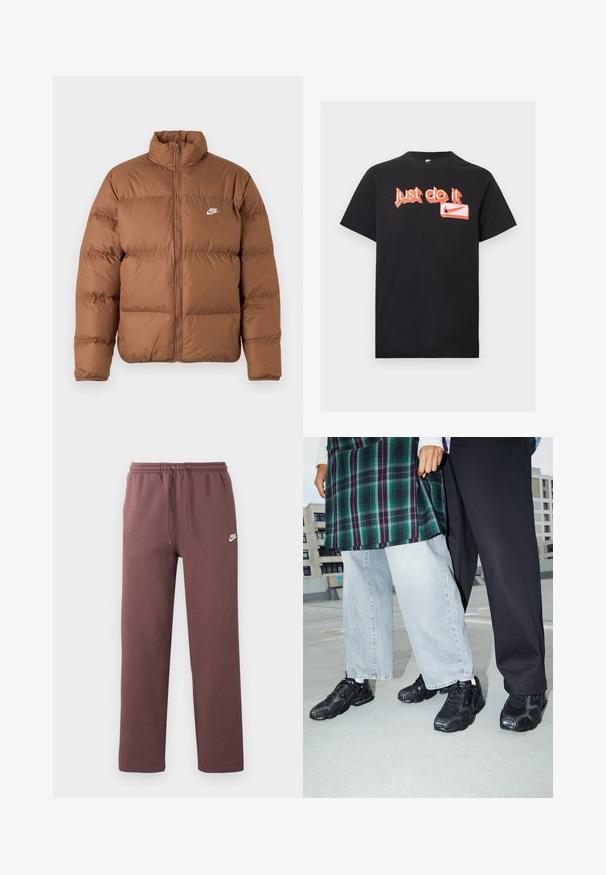 Brun oppustet jakke med høj krave, fuld frontlynlås og hvidt Nike-logo på venstre bryst, præsenteret på en enkel hvid baggrund.; Sort kortærmet Nike T-shirt med orange graffiti-style "Just do it" tekst og Nike swoosh logo foran.; Brune Nike joggingbukser med elastisk linning og snøre, med lille hvid Nike-logo på venstre lår.; Sorte atletik sko med mesh- og gummidetaljer. Båret med lysegrå vide jeans og en ternet grøn bluse. Flad overflade i baggrunden.