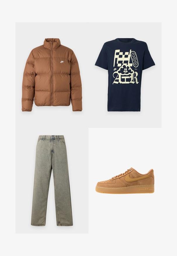 Brun oppustet jakke med høj krave, fuld frontlynlås og hvidt Nike-logo på venstre bryst, præsenteret på en enkel hvid baggrund.; Marineblå bomulds t-shirt med fed beige grafisk tekst: "Feel THE AIR," legesygt skydesign og Nike-logo nær kanten.; Blå denim bukser med vid ben i en falmet grå farve, med knaplukning og traditionelt fem-lomme design med synlige syninger.; Nike Sportswear AIR FORCE 1 07 - Sneakers - flax/wheat/light brown/black/team gold