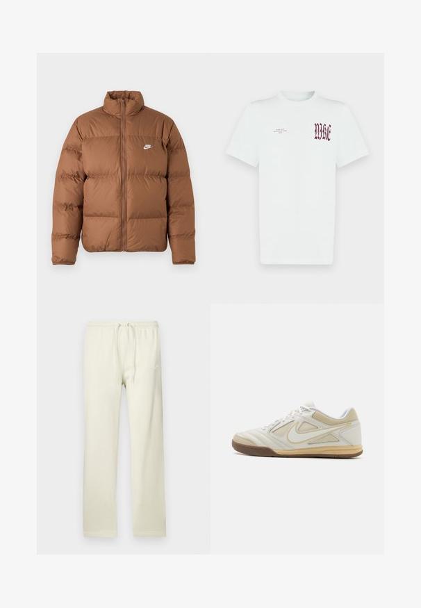 Hnedá nafúknutá bunda s vysokým golierom, plný predný zips a bielym logom Nike na ľavej hrudi, zobrazená na jednoduchom bielom pozadí.; Biele bavlnené tričko s červenou grafikou a textom "NIKE" na ľavej strane hrudníka. Krátke rukávy a okrúhly výstrih, hladká textúra.; Svetlo béžové tepláky so šnúrkou v páse, vyrobené z mäkkého materiálu. Na ľavom stehne je jemné biele logo Nike.; Biele atletické topánky s textúrovaným zvrškom, sivými akcentmi, šnurovací dizajn a hnedou gumovou podrážkou. Obsahuje výrazné logo na boku.