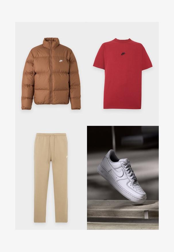 Braune Pufferjacke mit hohem Kragen, durchgehendem Reißverschluss und weißem Nike-Logo auf der linken Brust, präsentiert auf weißem Hintergrund.; Rotes Baumwoll-T-Shirt mit schwarzem Nike-Logo auf der Brust, kurzen Ärmeln, rundem Ausschnitt und normaler Passform. Glatte Textur.; Beige Sweatpants mit elastischem Bund und Kordelzug, mit kleinem weißen Nike-Logo am oberen linken Oberschenkel.; Weißer Nike Air Force 1 Sneaker aus Leder mit perforierter Zehenpartie, flachen Schnürsenkeln und strukturierter Gummisohle mit "AIR"-Branding an der Seite.