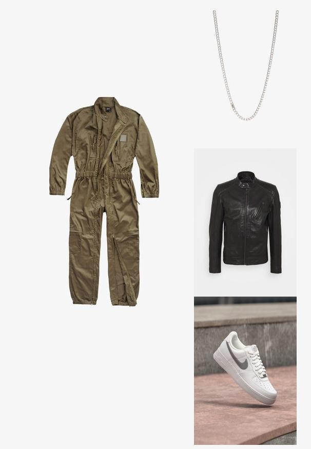 Zwarte leren motorjack met een staande kraag, gestikte schouderdetails, asymmetrische ritssluiting aan de voorkant en twee gezepte zakken.; Olijfgroene utility jumpsuit gemaakt van duurzaam materiaal, met een rits aan de voorkant, een elastische tailleband en meerdere zakken op de romp en benen.; Witte Nike Air Force 1 sneaker met grijs swoosh-logo zwevend boven een stenen oppervlak en een grijze stenen muur op de achtergrond.; Zilveren ketting met in elkaar grijpende schakels, een gladde textuur en een uniforme rechthoekige vorm. Veilige sluiting.