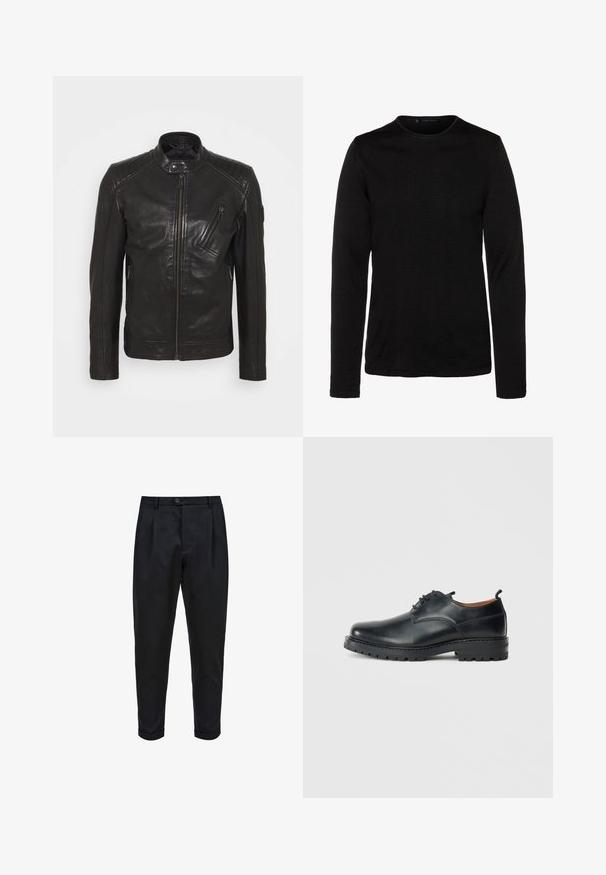 Chaqueta de motocicleta de cuero negro con cuello alzado, detalles acolchados en los hombros, cremallera asimétrica en el frontal y dos bolsillos con cremallera.; Camisa negra de manga larga hecha de un tejido suave, con cuello redondo y silueta ajustada. Sin patrones visibles ni embellishments adicionales.; Pantalones negros de tejido suave, con un frente plisado, ajuste tapered y puños enrollados. Cierre de botón sencillo en la cintura.; Zapatos derby de cuero negro con una textura suave, punta redondeada, diseño de cordones y una suela de goma gruesa y resistente.