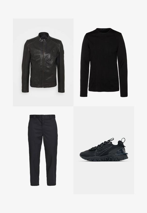 Chaqueta de motocicleta de cuero negro con cuello alzado, detalles acolchados en los hombros, cremallera asimétrica en el frontal y dos bolsillos con cremallera.; Camisa negra de manga larga hecha de un tejido suave, con cuello redondo y silueta ajustada. Sin patrones visibles ni embellishments adicionales.; Chinos negros hechos de una tela de algodón ligera, con un corte de pierna recta, bolsillos laterales y un cierre de botón en la cintura.; Zapato deportivo negro con una parte superior de malla transpirable, acentos texturizados y una suela de goma ondulada. Presenta un logotipo reflectante y un sistema de cordones.