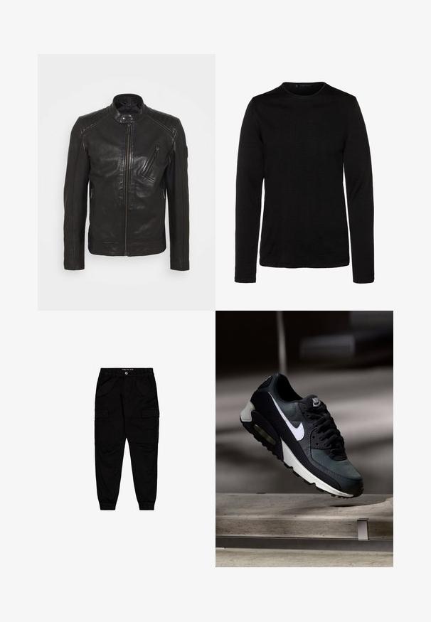 Schwarze Leder-Motorradjacke mit Stehkragen, gesteppten Schulterdetails, asymmetrischem Frontreißverschluss und zwei Reißverschlusstaschen.; Schwarzes Langarmshirt aus weichem Stoff mit Rundhalsausschnitt und figurbetonter Silhouette. Keine sichtbaren Muster oder zusätzlichen Verzierungen.; Schwarze Cargo-Hosen aus Baumwolle, ausgestattet mit zwei Fronttaschen und zwei seitlichen Cargo-Taschen, mit elastischen Bündchen und einem elastischen Bund.; Schwarzer und grauer Nike Air Max Sneaker mit weißem Swoosh, schwebend über einer Betonfläche vor einem verschwommenen dunklen Hintergrund.