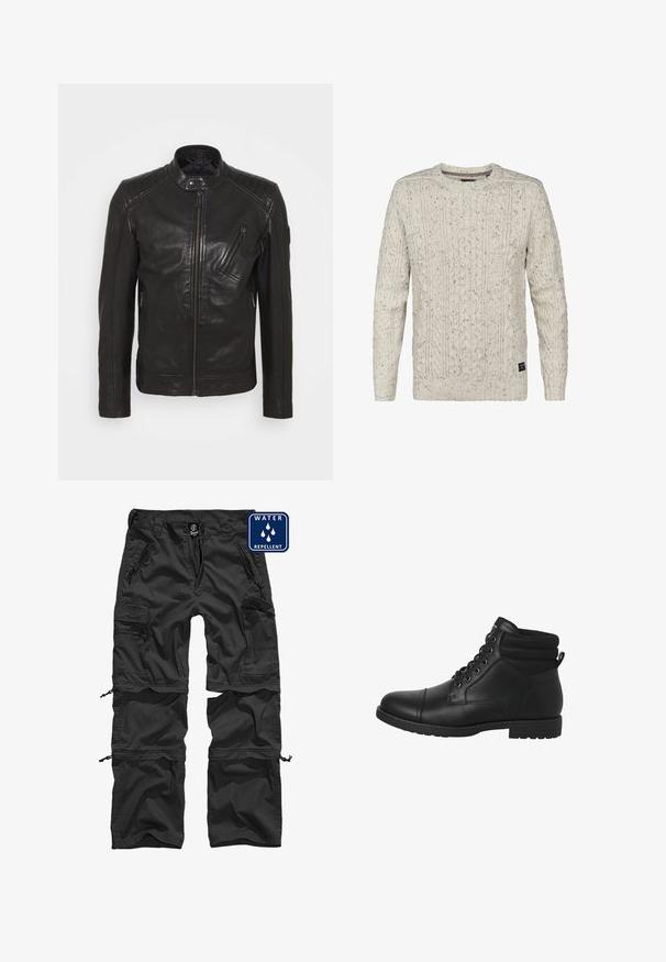 Schwarze Leder-Motorradjacke mit Stehkragen, gesteppten Schulterdetails, asymmetrischem Frontreißverschluss und zwei Reißverschlusstaschen.; Cremfarbener, kabelgestrickter Wollpullover mit langen Ärmeln und Rundhalsausschnitt, ausgestattet mit einem kleinen schwarzen Markenetikett nahe dem unteren Saum.; Schwarze wasserabweisende Cargo-Hose mit Reißverschlusstaschen, verstellbaren Bündchen und einem strapazierfähigen Material. Mit einem Logo am Bund.; Schwarze Knöchelstiefel mit einer glatten, kunstledernen Oberfläche, runder Zehenpartie, schnürbarem Vorderteil und gepolstertem Schaft. Robuste Gummisohle für besseren Halt.