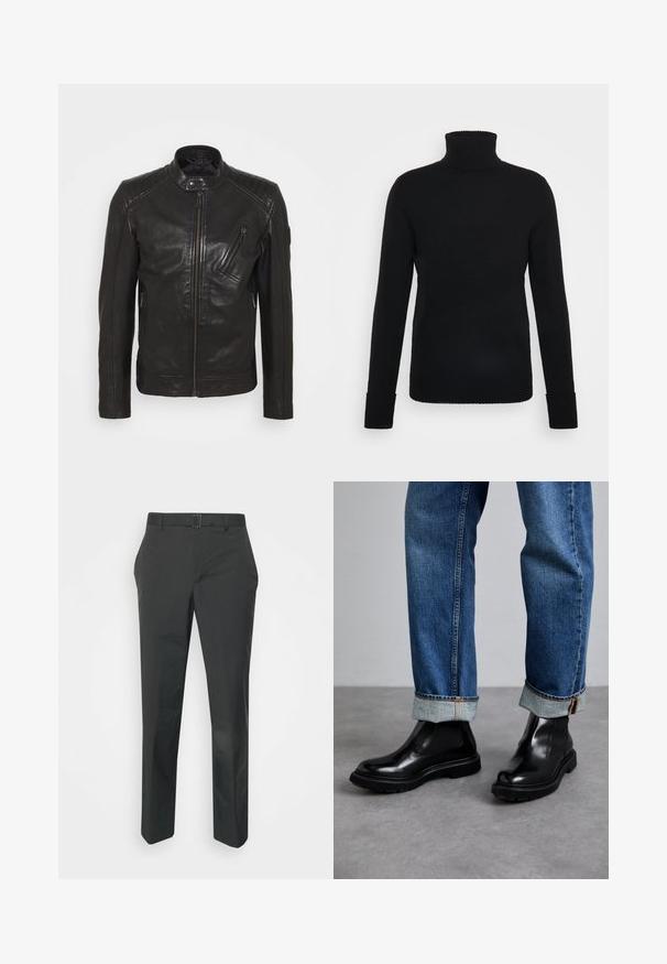 Schwarze Leder-Motorradjacke mit Stehkragen, gesteppten Schulterdetails, asymmetrischem Frontreißverschluss und zwei Reißverschlusstaschen.; FTC Cashmere ROLLNECK - Strickpullover - moonless night; Neil Barrett PLEAT TROUSERS - Stoffhose - black; Schwarze Leder-Stiefeletten mit elastischen Seitenpaneelen und strukturierten Gummisohlen, kombiniert mit umgekrempelten blauen Jeans.