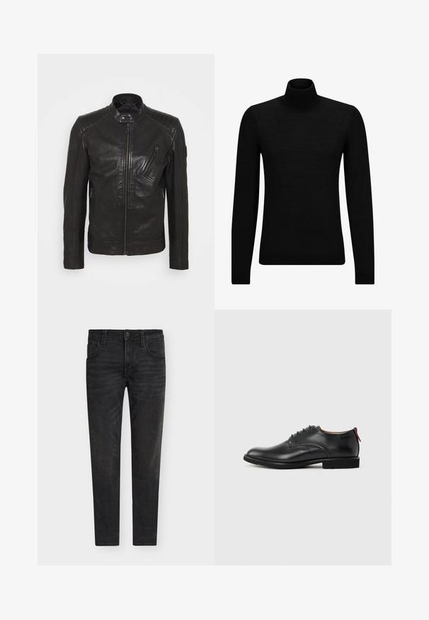 Must mustristi nahkjope, millel on tõusuv krae, tikitud õlavarre detailid, asümmeetriline ees lukk ja kaks lukuga taskut.; Musthave muströid ja pehmest materjalist must turtleneck, millel on pikad varrukad ja tihe istuvus. Ribaga ääris allservas ja vöökohal. Lihtne disain.; Mustad veniva denimist teksapüksid, millel on esiküljel nööp, vööaugud ja viiepikiline taskute disain, valgel taustal.; Meeste must nahast kingad, mis on ees paeltega ja kannal punase tõmbenupuga, ilma taustata.