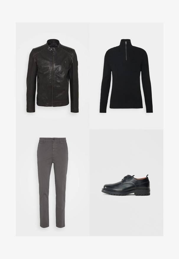 Schwarze Leder-Motorradjacke mit Stehkragen, gesteppten Schulterdetails, asymmetrischem Frontreißverschluss und zwei Reißverschlusstaschen.; Schwarzer gerippter Rollkragenpullover, ausgestattet mit einem Viertelreißverschluss, langen Ärmeln und einem strukturierten Stoff für zusätzliche Dimension.; Grau Chinos mit schlanker Passform, hergestellt aus atmungsaktiver Baumwolle. Verfügt über einen Knopfverschluss und Seitentaschen, mit einer glatten, matten Oberflächenbeschaffenheit.; Schwarze Leder Derby-Schuhe mit glatter Textur, runder Zehenform, Schnürdesign und einer dicken, robusten Gummisohle.