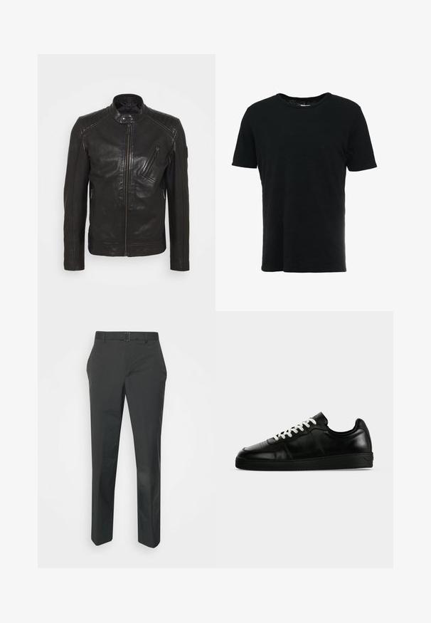 Čierna kožená motorkárska bunda s vysokým golierom, prešívanými detailmi na pleciach, asymetrickým predným zipsom a dvoma zipsovými vreckami.; rag & bone CLASSIC TEE - Základné tričko - black; Neil Barrett PLEAT TROUSERS - Nohavice - black; Čierny nízky kožený teniska s bielymi šnúrkami, plochou čiernou podrážkou a jemnými švami, zobrazený z bočného profilu na sivom pozadí.