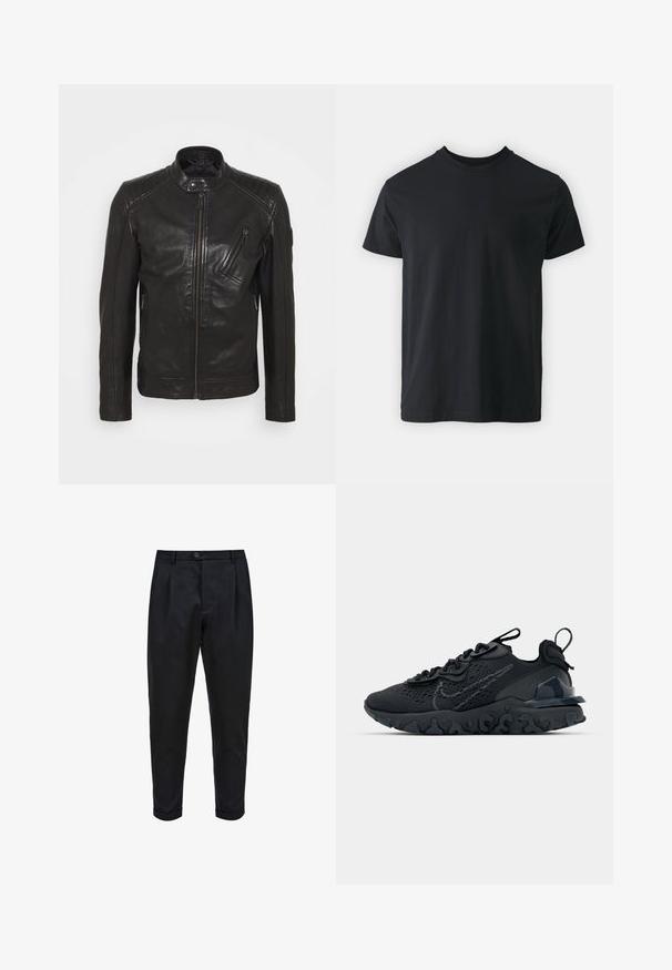 Schwarze Leder-Motorradjacke mit Stehkragen, gesteppten Schulterdetails, asymmetrischem Frontreißverschluss und zwei Reißverschlusstaschen.; Schwarzes Baumwoll-T-Shirt mit kurzen Ärmeln, Rundhalsausschnitt und lässiger Passform. Glatte Textur und gerader Saum, keine sichtbaren Grafiken oder Muster.; Schwarze Hose aus einem glatten Stoff, mit einem gefalteten Vorderteil, schmalem Schnitt und umgeschlagenen Säumen. Einfache Knopfverschluss an der Taille.; Schwarzer Sportschuh mit atmungsaktivem Mesh-Obermaterial, strukturierten Akzenten und einer wellenförmigen Gummisohle. Verfügt über ein reflektierendes Logo und ein Schnürsystem.