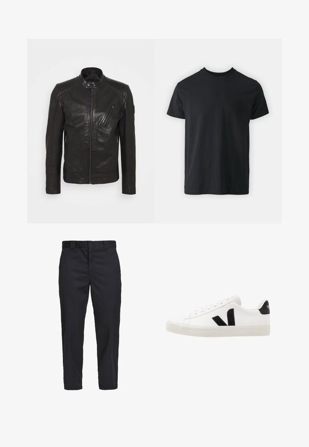 Chaqueta de motocicleta de cuero negro con cuello alzado, detalles acolchados en los hombros, cremallera asimétrica en el frontal y dos bolsillos con cremallera.; Camiseta de algodón negra de manga corta con cuello redondo y un ajuste relajado. Textura suave y dobladillo recto, sin gráficos ni patrones visibles.; Chinos negros hechos de una tela de algodón ligera, con un corte de pierna recta, bolsillos laterales y un cierre de botón en la cintura.; Zapatilla de cuero blanca con acentos de ante negro; presenta una suela de goma, puntera redonda y un diseño clásico de cordones. Logo lateral en negro.
