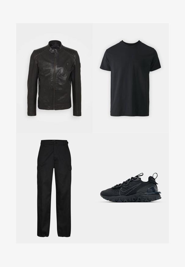 Veste de moto en cuir noir avec un col montant, des détails matelassés aux épaules, une fermeture éclair asymétrique à l'avant et deux poches zippées.; T-shirt noir en coton à manches courtes avec un col rond et une coupe décontractée. Texture lisse et ourlet droit, sans graphismes ni motifs visibles.; Pantalons cargo noirs avec une coupe droite, dotés de poches latérales, d'une fermeture à bouton et de poignets élastiques aux chevilles. Fabriqués en tissu résistant.; Chaussure de sport noire avec une tige en mesh respirant, des accents texturés et une semelle en caoutchouc ondulée. Comprend un logo réfléchissant et un système de laçage.