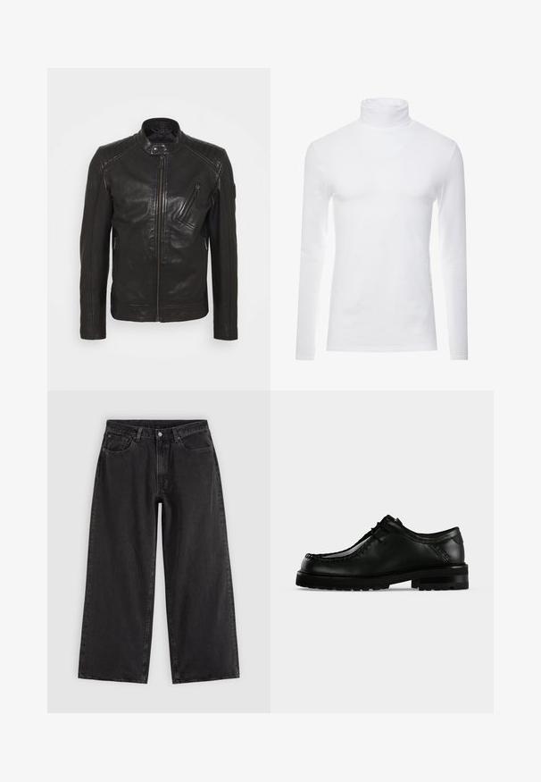 Chaqueta de motocicleta de cuero negro con cuello alzado, detalles acolchados en los hombros, cremallera asimétrica en el frontal y dos bolsillos con cremallera.; Camisa de cuello alto de manga larga blanca, hecha de un tejido suave y elástico. Presenta un diseño ajustado que proporciona una silueta estilizada.; Vaqueros negros de pierna ancha con bolsillos delanteros, trabillas para cinturón y cierre de botones, mostrados sobre un fondo liso y claro.; Zapato de cuero negro con cordones, suela gruesa de goma y costura moc toe, mostrado desde el lado izquierdo sobre un fondo claro y liso.
