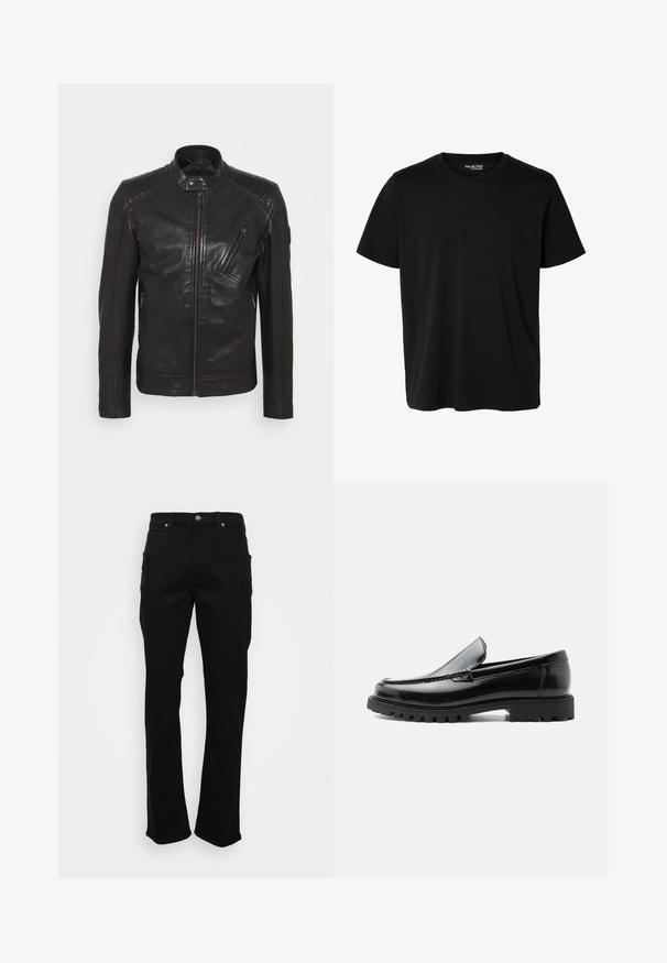 Veste de moto en cuir noir avec un col montant, des détails matelassés aux épaules, une fermeture éclair asymétrique à l'avant et deux poches zippées.; T-shirt noir uni à manches courtes et col rond pour homme, sans motifs ni logos visibles à l’avant.; Jeans noirs à jambe droite avec poches avant, passants de ceinture et fermeture à bouton sur un fond blanc.; Mocassin en cuir noir avec semelle en caoutchouc épaisse, dessus cousu et nom de marque embossé sur le talon, présenté de profil sur fond blanc.