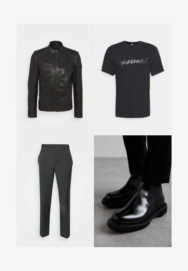 Schwarze Leder-Motorradjacke mit Stehkragen, gesteppten Schulterdetails, asymmetrischem Frontreißverschluss und zwei Reißverschlusstaschen.; Schwarzes Baumwoll-T-Shirt mit kurzen Ärmeln, das einen verzerrten, reflektierenden Druck in Silber über der Brust zeigt. Lässige Passform.; Neil Barrett PLEAT TROUSERS - Stoffhose - black; Schwarze Leder-Chelsea-Boots mit glatter Oberfläche, elastischen Seiteneinsätzen und einer dicken, strukturierten Gummisohle mit einem robusten Profil.