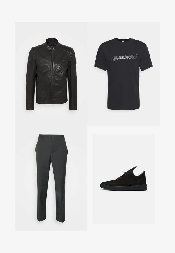 Chaqueta de motocicleta de cuero negro con cuello alzado, detalles acolchados en los hombros, cremallera asimétrica en el frontal y dos bolsillos con cremallera.; Camiseta de algodón negra de manga corta, con una impresión de texto distorsionado y reflectante en plata en el pecho. Ajuste casual.; Neil Barrett PLEAT TROUSERS - Pantalones - black; Zapatillas de ante negro con un perfil bajo, punta redonda y suela de goma texturizada. Presenta cinco ojetes y una asa en la parte trasera.