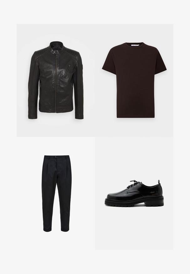 Schwarze Leder-Motorradjacke mit Stehkragen, gesteppten Schulterdetails, asymmetrischem Frontreißverschluss und zwei Reißverschlusstaschen.; Schwarzes Baumwoll-T-Shirt mit Rundhalsausschnitt, kurzen Ärmeln und geradem Saum. Sanfte Textur, lässiges Design und keine sichtbaren Logos oder Muster.; Schwarze Hose aus einem glatten Stoff, mit einem gefalteten Vorderteil, schmalem Schnitt und umgeschlagenen Säumen. Einfache Knopfverschluss an der Taille.; Schwarzer polierter Lederschnürschuh mit dicker Gummisohle und niedrigem Absatz, seitlichem Marken-Schriftzug "SAMSOE" und hinterer Zuglasche.