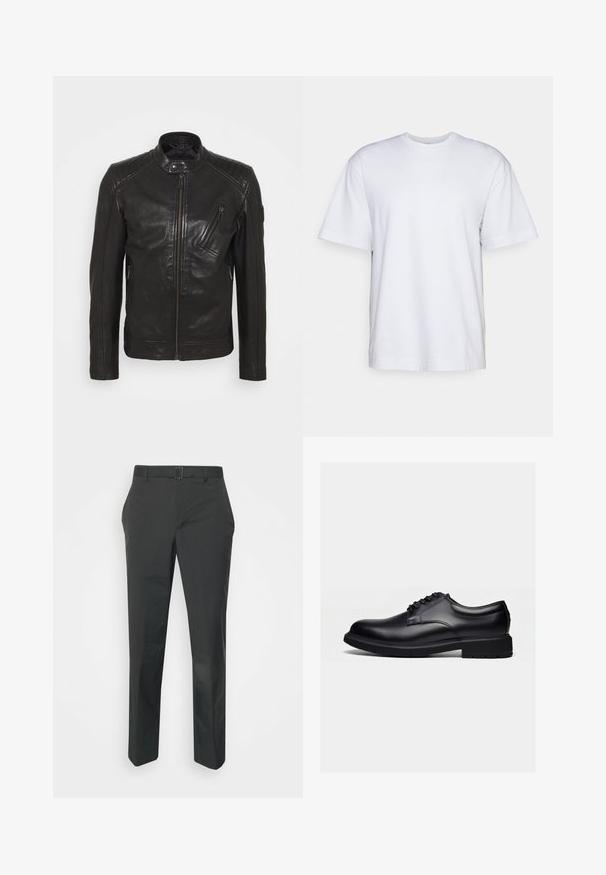 Čierna kožená motorkárska bunda s vysokým golierom, prešívanými detailmi na pleciach, asymetrickým predným zipsom a dvoma zipsovými vreckami.; Filippa K HEAVY CREW NECK TEE - Základné tričko - white; Neil Barrett PLEAT TROUSERS - Nohavice - black; Čierna leštená kožená spoločenská obuv so šnurovaním a hrubou gumovou podrážkou, zobrazená z boku na jednoduchom svetlom pozadí.