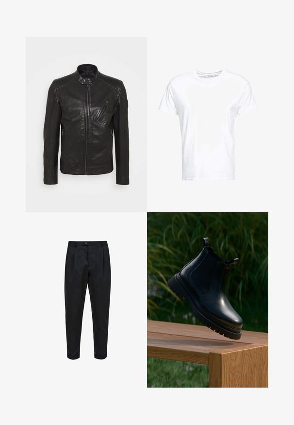 Chaqueta de motocicleta de cuero negro con cuello alzado, detalles acolchados en los hombros, cremallera asimétrica en el frontal y dos bolsillos con cremallera.; Camiseta de algodón blanca con cuello redondo y mangas cortas, con un corte clásico y una textura suave. Sin patrones ni elementos metálicos visibles.; Pantalones negros de tejido suave, con un frente plisado, ajuste tapered y puños enrollados. Cierre de botón sencillo en la cintura.; Botín Chelsea negro de cuero con puntera redondeada, suela de goma gruesa y paneles elásticos laterales, exhibido sobre una superficie de madera con verdor al fondo.