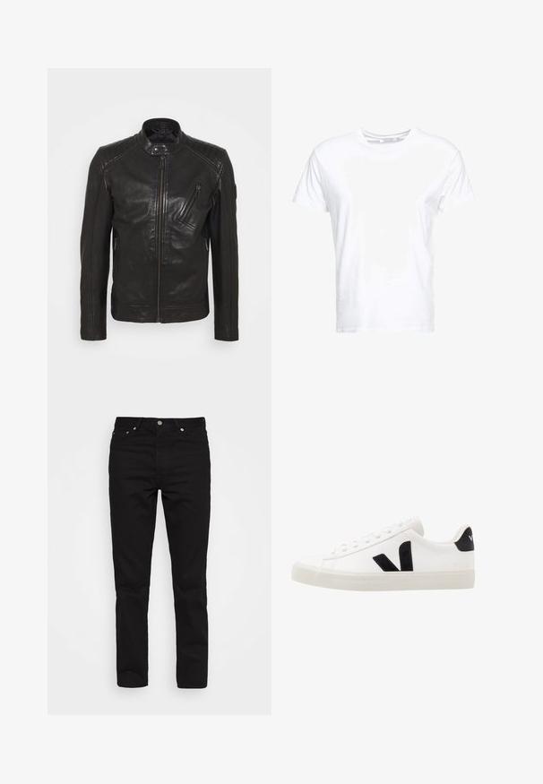 Chaqueta de motocicleta de cuero negro con cuello alzado, detalles acolchados en los hombros, cremallera asimétrica en el frontal y dos bolsillos con cremallera.; Camiseta de algodón blanca con cuello redondo y mangas cortas, con un corte clásico y una textura suave. Sin patrones ni elementos metálicos visibles.; Jeans de denim negro con un diseño de pierna recta, estilo de cinco bolsillos y herrajes de metal; textura suave y color oscuro clásico.; Zapatilla de cuero blanca con acentos de ante negro; presenta una suela de goma, puntera redonda y un diseño clásico de cordones. Logo lateral en negro.