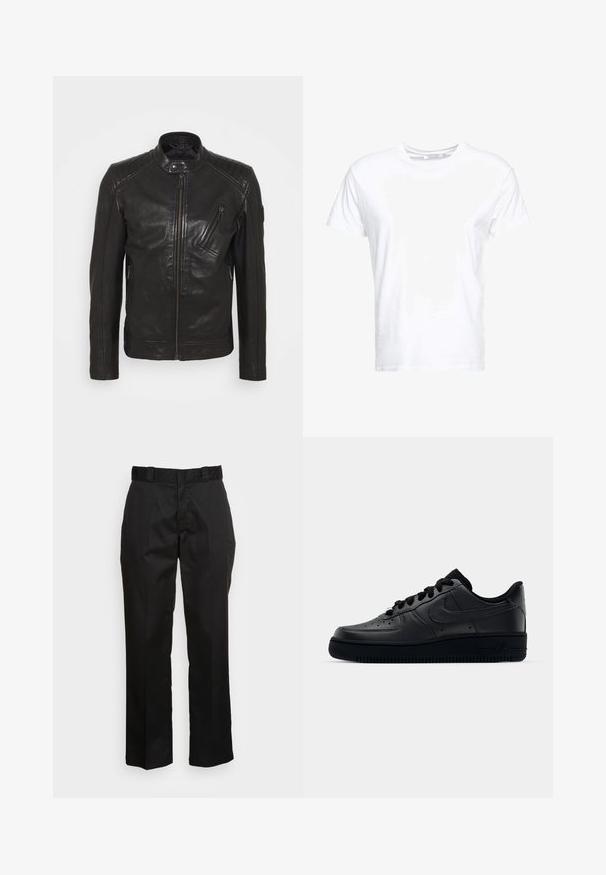 Chaqueta de motocicleta de cuero negro con cuello alzado, detalles acolchados en los hombros, cremallera asimétrica en el frontal y dos bolsillos con cremallera.; Camiseta de algodón blanca con cuello redondo y mangas cortas, con un corte clásico y una textura suave. Sin patrones ni elementos metálicos visibles.; Pantalones negros hechos de una tela suave, con un diseño de pierna recta, trabillas para cinturón y dos bolsillos laterales. Un aspecto clásico sin adornos.; Zapatilla Nike Air Force 1 negra con parte superior de cuero liso, puntera perforada para transpirabilidad, cordones negros y suela de goma texturizada.