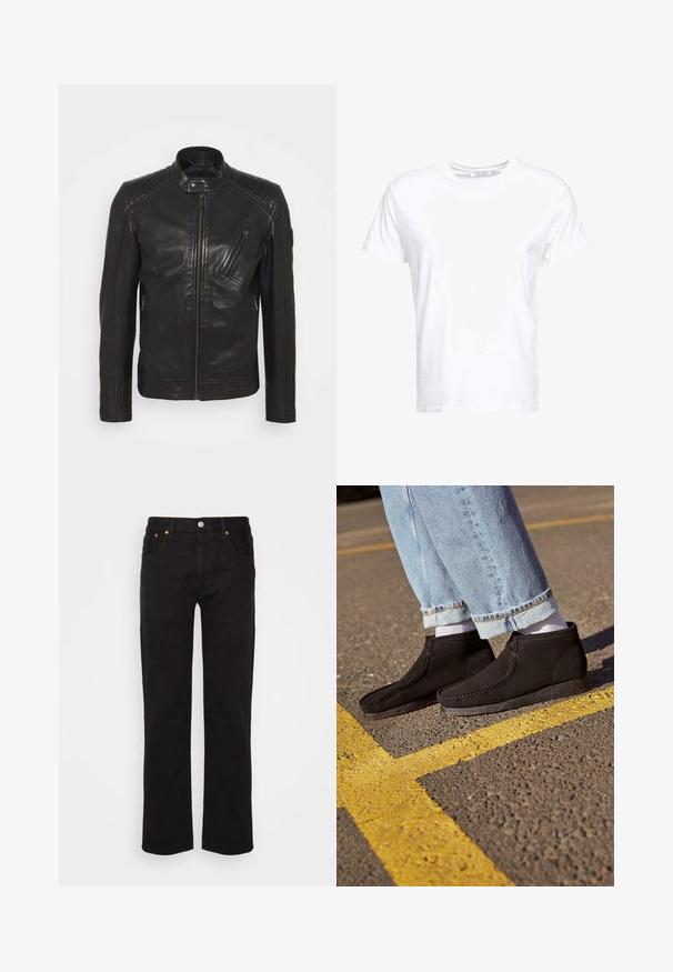 Sort lædermotorcykeljakke med ståkrave, quiltede skulderdetaljer, asymmetrisk frontlynlås og to lynlåslommer.; Hvid bomulds t-shirt med rund halsudskæring og korte ærmer, i en klassisk pasform og glat tekstur. Ingen mønstre eller hardware synlige.; Sorte lige ben jeans lavet af bomuld. Har fem lommer, en metalknap og orange syninger fortil.; Sorte suede ankelstøvler med en glat overflade, buet tå og syede detaljer. Kombination med lyseblå buksere jeans med opfoldede manchetter og hvide sokker.