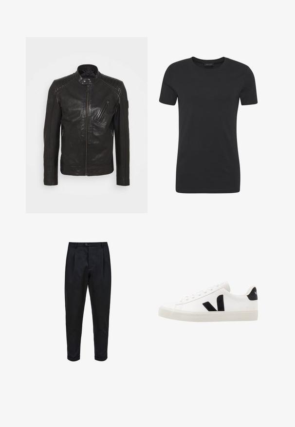 Schwarze Leder-Motorradjacke mit Stehkragen, gesteppten Schulterdetails, asymmetrischem Frontreißverschluss und zwei Reißverschlusstaschen.; Schwarzes Baumwoll-T-Shirt mit Rundhalsausschnitt, kurzen Ärmeln und normaler Passform. Es bietet eine glatte Textur und ein minimalistisches Design.; Schwarze Hose aus einem glatten Stoff, mit einem gefalteten Vorderteil, schmalem Schnitt und umgeschlagenen Säumen. Einfache Knopfverschluss an der Taille.; Weiße Leder-Sneaker mit schwarzen Wildlederelementen; verfügen über eine Gummisohle, eine runde Spitze und ein klassisches Schnürdesign. Seitliches Logo in Schwarz.