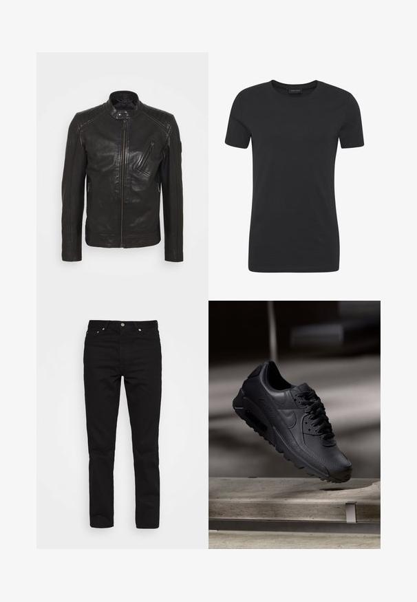 Chaqueta de motocicleta de cuero negro con cuello alzado, detalles acolchados en los hombros, cremallera asimétrica en el frontal y dos bolsillos con cremallera.; Camiseta de algodón negra con cuello redondo, mangas cortas y corte regular. Presenta una textura suave y un diseño minimalista.; Jeans de denim negro con un diseño de pierna recta, estilo de cinco bolsillos y herrajes de metal; textura suave y color oscuro clásico.; Zapatillas Nike Air Max negras con parte superior de cuero texturizado, suela de goma y un sistema de cordones prominente, que muestran un diseño elegante y moderno.