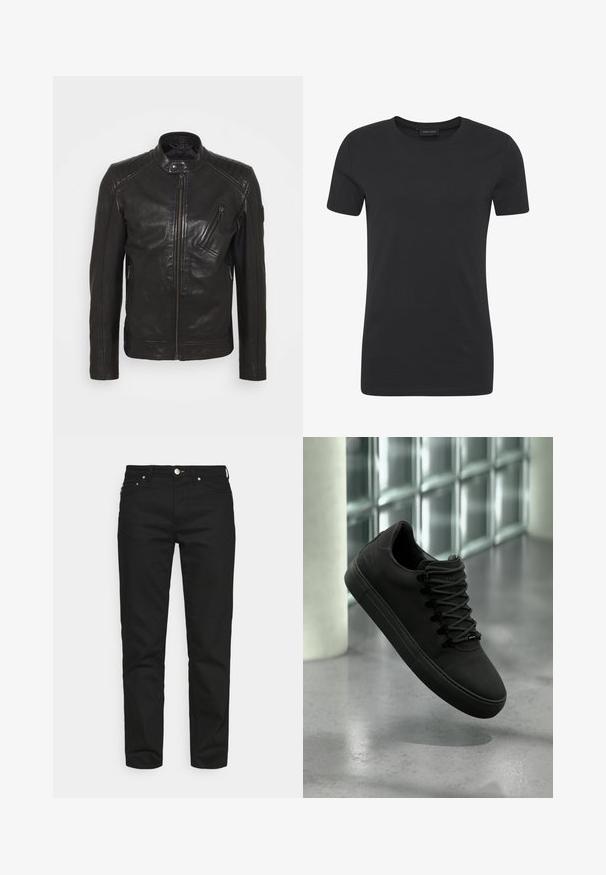 Chaqueta de motocicleta de cuero negro con cuello alzado, detalles acolchados en los hombros, cremallera asimétrica en el frontal y dos bolsillos con cremallera.; Camiseta de algodón negra con cuello redondo, mangas cortas y corte regular. Presenta una textura suave y un diseño minimalista.; Won Hundred ARCHER - Vaqueros tapered - rinse black; Zapatilla negra mate con suela gruesa y cordones negros flotando sobre un piso gris liso, con una pared de ladrillos de vidrio y columna blanca de fondo.