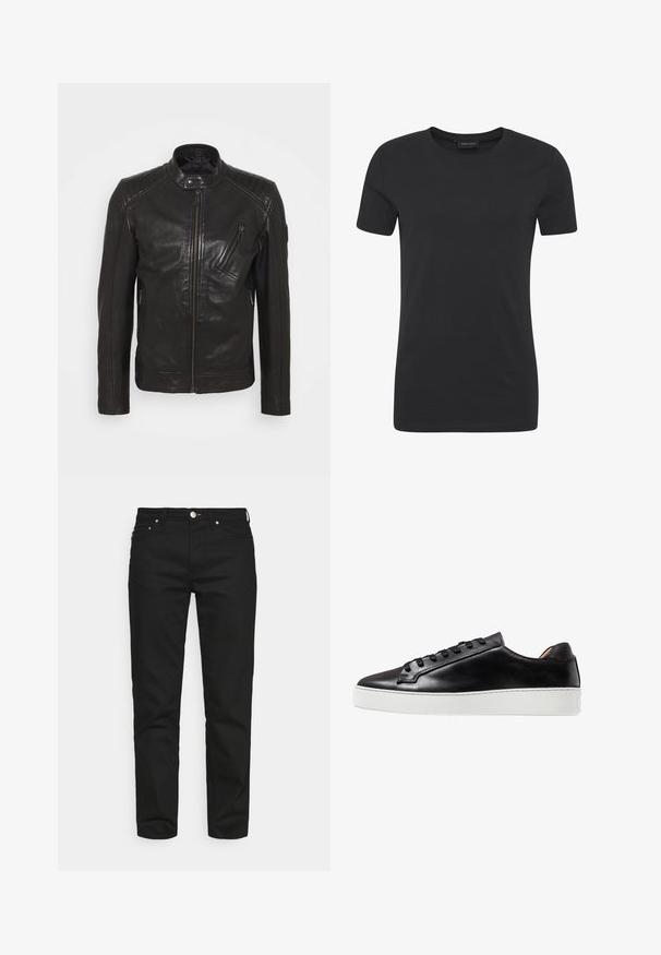 Sort lædermotorcykeljakke med ståkrave, quiltede skulderdetaljer, asymmetrisk frontlynlås og to lynlåslommer.; Sort, kortærmet t-shirt med rund halsudskæring, enkel design og afslappet pasform.; Won Hundred ARCHER - Jeans Tapered Fit - rinse black; Sorte lædersneakers med en glat finish, der har en hvid gummisål, snøreføring og minimalistiske designaccenter.
