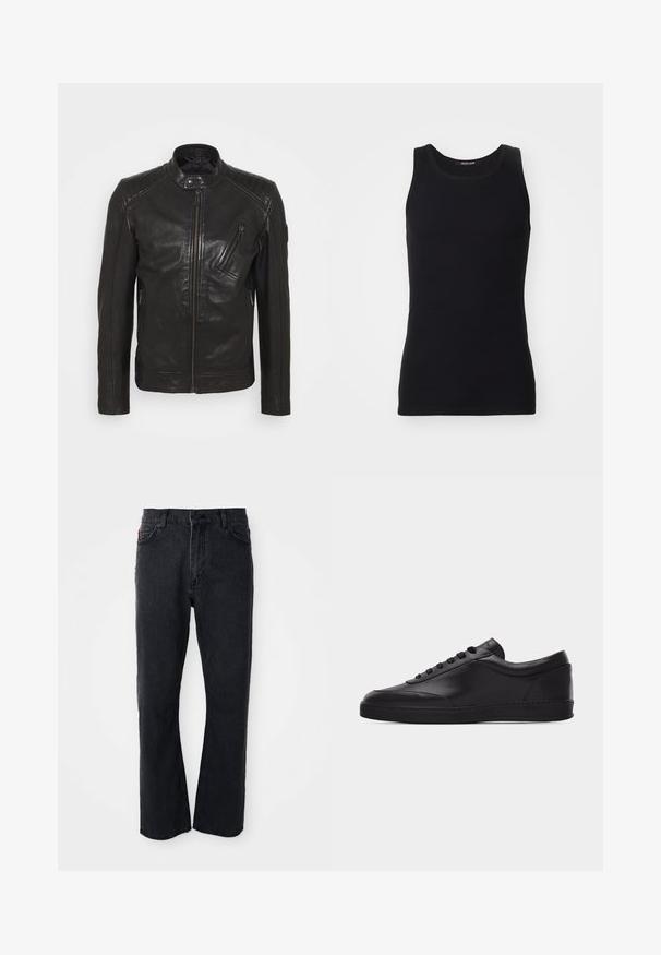 Schwarze Leder-Motorradjacke mit Stehkragen, gesteppten Schulterdetails, asymmetrischem Frontreißverschluss und zwei Reißverschlusstaschen.; Schwarzes Tanktop aus einem glatten, dehnbaren Material. Verfügt über einen runden Halsausschnitt und keine Ärmel, mit einer engen Passform und einfachem Design.; Schwarze Denim-Jeans mit geradem Bein, hoher Taille, Knopfverschluss und dezenten Nähdetails an den Taschen und Nähten.; Schwarzer flacher Leder-Sneaker mit Schnürung vorne und flacher Gummisohle, seitlich auf einem schlichten weißen Hintergrund gezeigt.