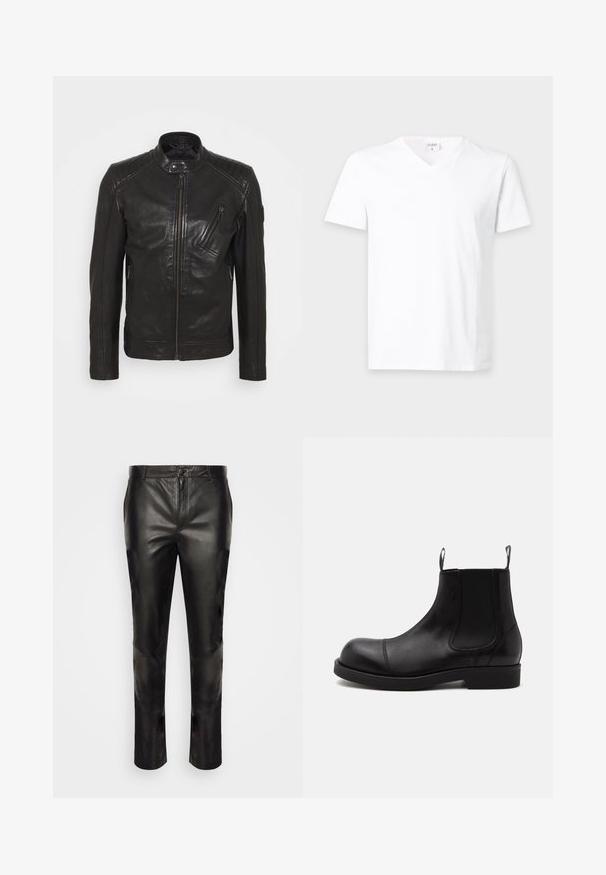 Schwarze Leder-Motorradjacke mit Stehkragen, gesteppten Schulterdetails, asymmetrischem Frontreißverschluss und zwei Reißverschlusstaschen.; Schlichtes weißes Kurzarm-V-Neck-T-Shirt mit kleinem sichtbarem Markenzeichen innen im Kragenbereich auf neutralem Hintergrund.; STUDIO ID GUIDO TROUSERS - Lederhose - black; Schwarzer Chelsea-Boot aus Leder mit abgerundeter Spitze, elastischen Seiteneinsätzen, Zugschlaufen vorn und hinten, flacher Sohle, seitlich auf weißem Hintergrund abgebildet.
