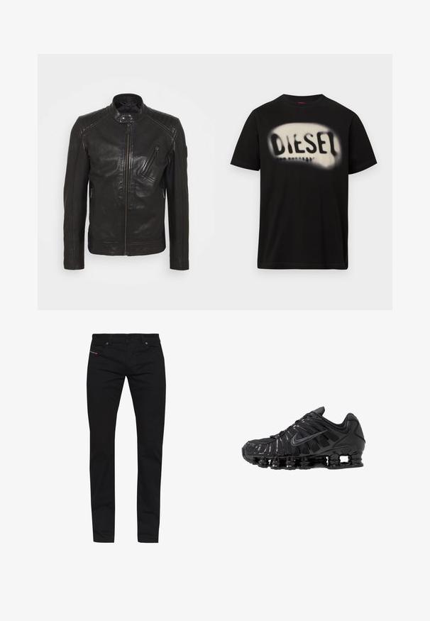 Schwarze Leder-Motorradjacke mit Stehkragen, gesteppten Schulterdetails, asymmetrischem Frontreißverschluss und zwei Reißverschlusstaschen.; Schwarzes Baumwoll-T-Shirt mit einem großen, verschwommenen weißen Logo und dem Schriftzug "DIESEL" auf der Vorderseite. Kurzärmlig, mit rundem Halsausschnitt.; Schwarze Jeans mit geradem Bein, vorne Knopfverschluss, Gürtelschlaufen und Fünf-Taschen-Design auf weißem Hintergrund.; Schwarze Sportschuhe aus Mesh- und synthetischen Materialien mit einem markanten wellenförmigen Design, schwarzer Gummisohle und reflektierenden Akzenten.