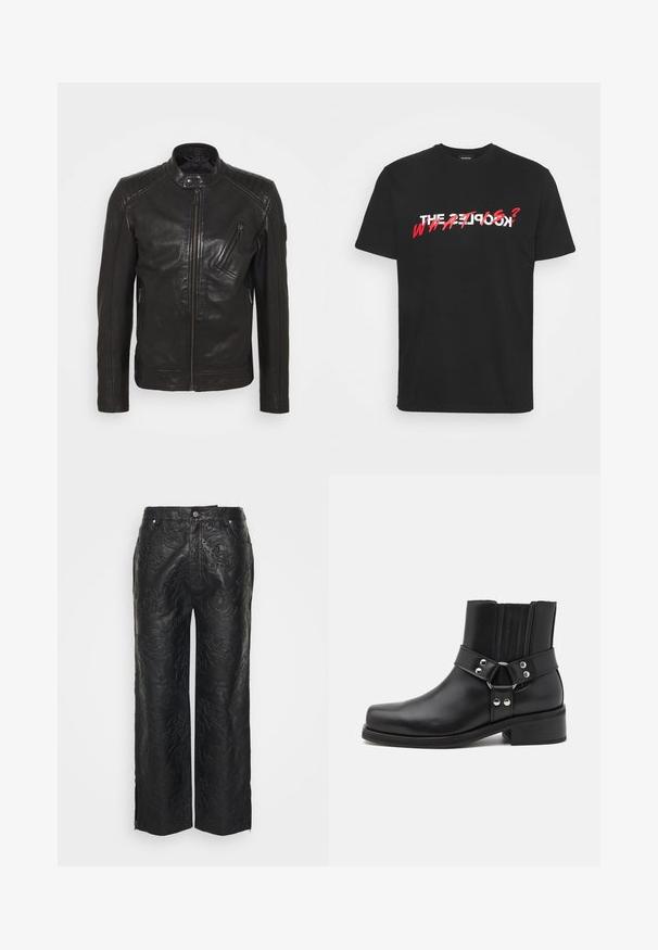 Schwarze Leder-Motorradjacke mit Stehkragen, gesteppten Schulterdetails, asymmetrischem Frontreißverschluss und zwei Reißverschlusstaschen.; Schwarzes Baumwoll-T-Shirt mit auffälligem weißem und rotem Text. Das Grafikdesign enthält die Worte "THE PEOPLE" und "WHAT?" in einem dynamischen Stil.; Han Kjøbenhavn EMBOSSED TRIBAL - Lederhose - black; The Kooples CHAUSSURES - Cowboy-/Bikerstiefelette - black