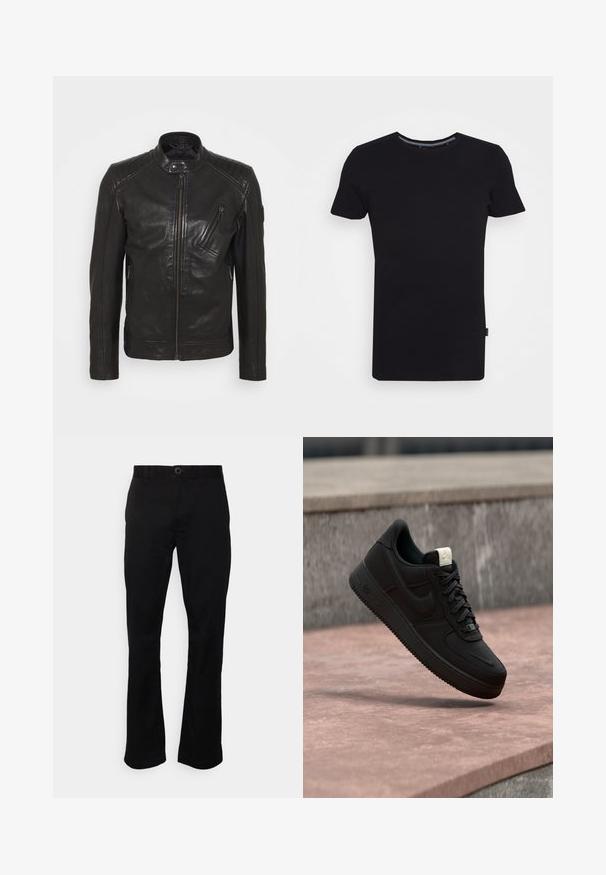 Sort lædermotorcykeljakke med ståkrave, quiltede skulderdetaljer, asymmetrisk frontlynlås og to lynlåslommer.; Lindbergh T-shirts basic - black; Sorte, lige ben bukser lavet af et glat stof. Har en knaplukning, bæltestropper og forlommer. Simpelt design uden mønstre.; Sort Nike Air Force 1 sneaker, der svæver over en lyserød betonforkant med en grå stenet baggrund, som viser sidde- og topdetaljer.