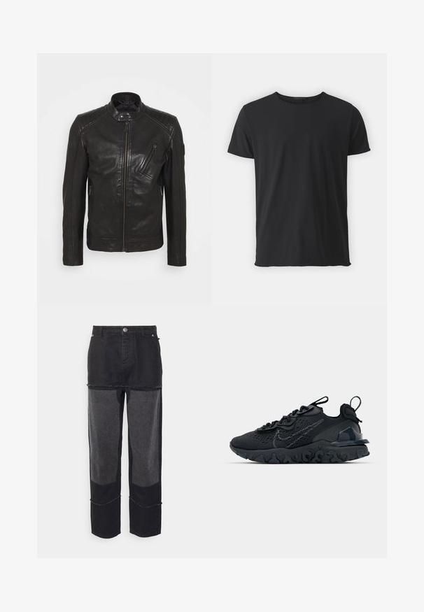 Schwarze Leder-Motorradjacke mit Stehkragen, gesteppten Schulterdetails, asymmetrischem Frontreißverschluss und zwei Reißverschlusstaschen.; Schwarz, kurzärmliges T-Shirt aus weicher Baumwolle, mit klassischem Rundhalsausschnitt und glatter Oberfläche, in gerader Form.; Night Addict NAAJAYBLK - Loose Jeans - black; Schwarzer Sportschuh mit atmungsaktivem Mesh-Obermaterial, strukturierten Akzenten und einer wellenförmigen Gummisohle. Verfügt über ein reflektierendes Logo und ein Schnürsystem.