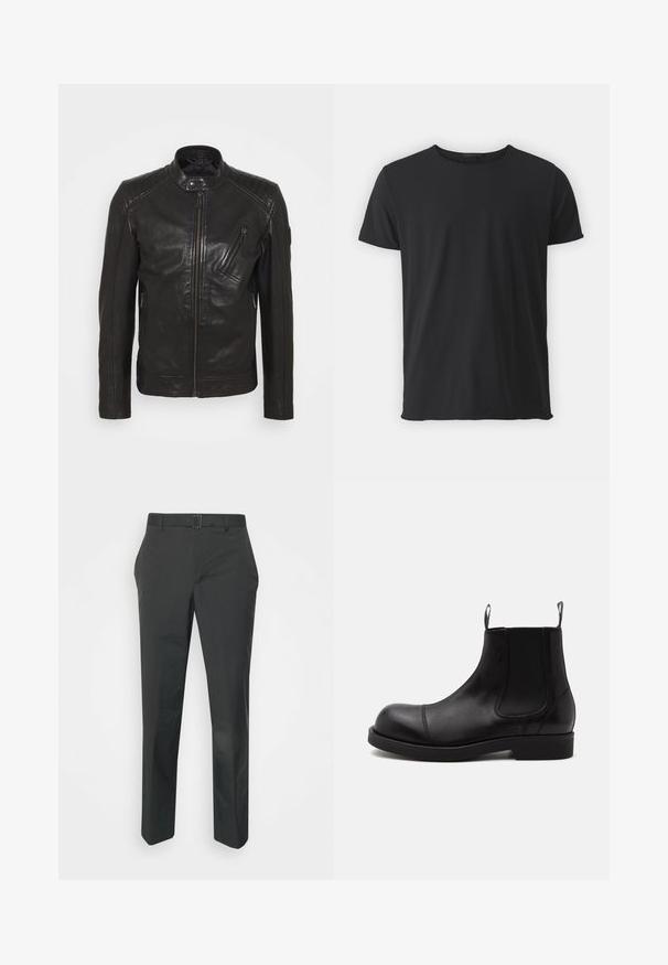 Chaqueta de motocicleta de cuero negro con cuello alzado, detalles acolchados en los hombros, cremallera asimétrica en el frontal y dos bolsillos con cremallera.; Camiseta de manga corta negra, hecha de algodón suave, con un cuello redondo clásico y una textura suave, con un corte recto.; Neil Barrett PLEAT TROUSERS - Pantalones - black; Bota Chelsea de cuero negro con punta redondeada, paneles laterales elásticos, tiradores delante y detrás, suela plana, mostrada de lado sobre fondo blanco.